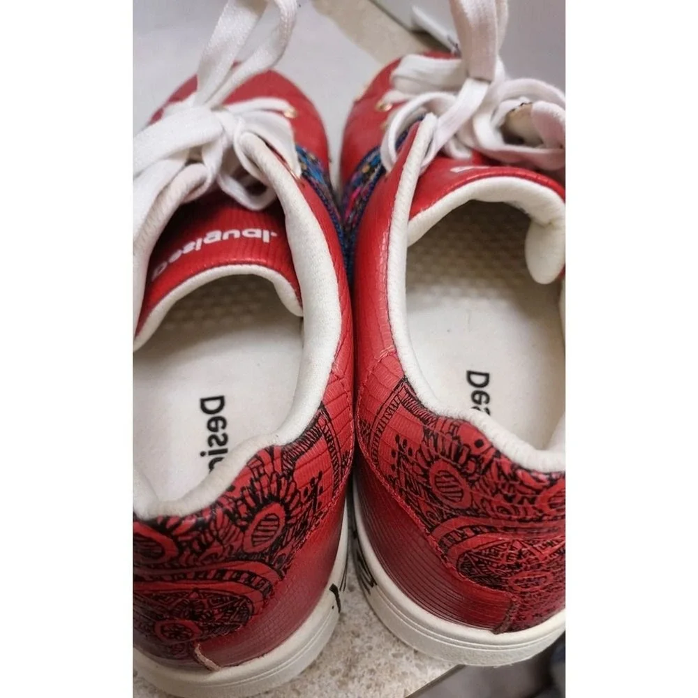Desigual Rojo Roja Exotic Indian Red Sneakers Love Print US 10 UK 7 Boho - Picture 4 of 9